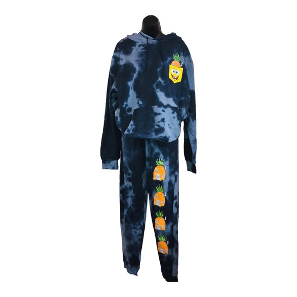 Spongebob squarepants dark blue tie dye graphic‎ print hoodie joggers set size L - Picture 1 of 16